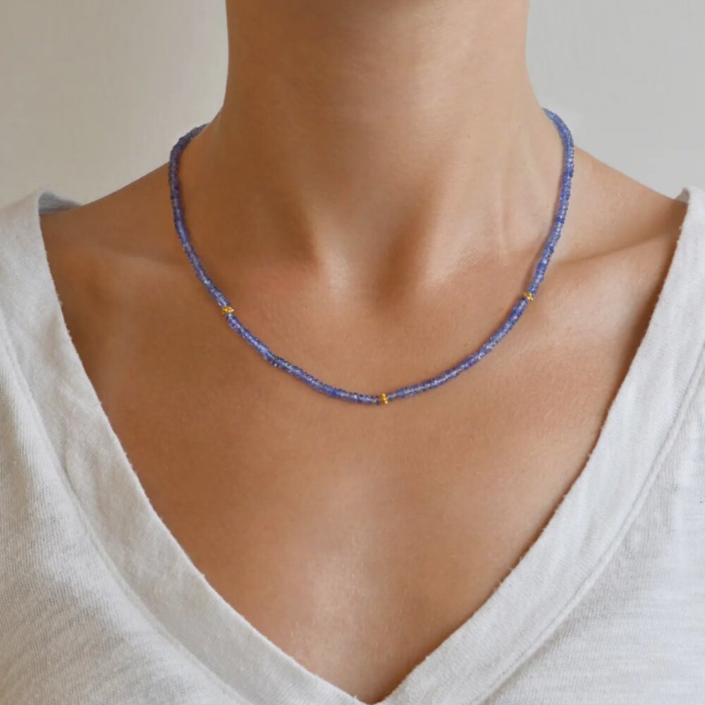 Tanzanite Beaded Necklace Purple Blue Gemstone Gold Waterproof Necklace - Picture 12 of 12